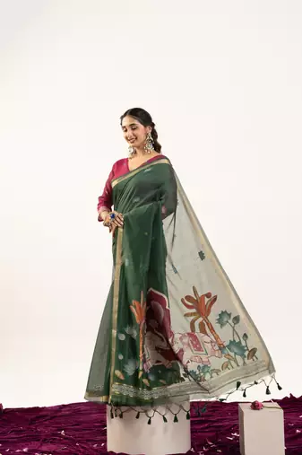 dark green lotus and zari weaving muga cotton saree