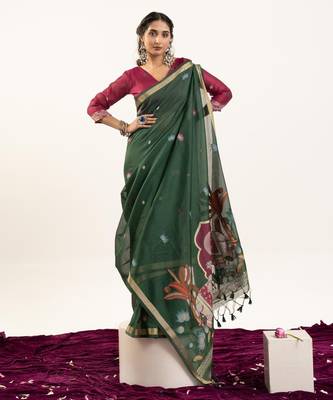 dark green lotus and zari weaving muga cotton saree 4