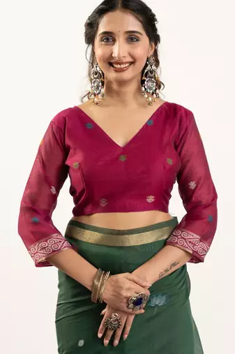 dark green lotus and zari weaving muga cotton saree