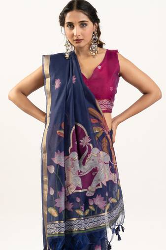 navy blue lotus and zari weaving muga cotton saree
