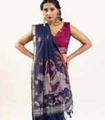Navy blue color lotus , musa and zari weaving  muga cotton saree
