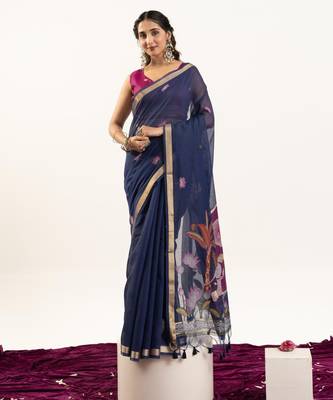 navy blue lotus and zari weaving muga cotton saree 2