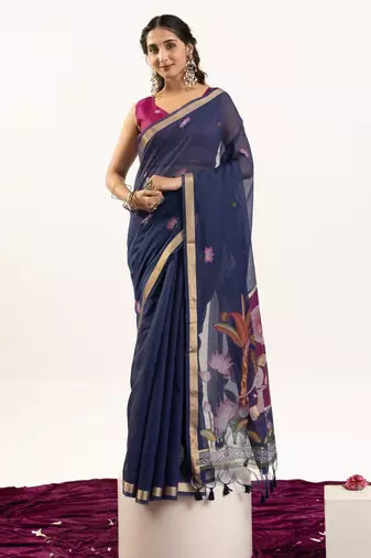 navy blue lotus and zari weaving muga cotton saree
