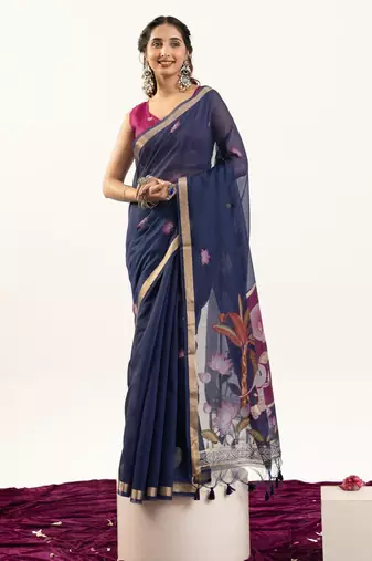 navy blue lotus and zari weaving muga cotton saree