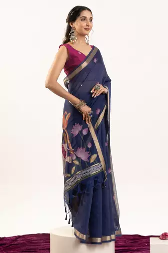 navy blue lotus and zari weaving muga cotton saree