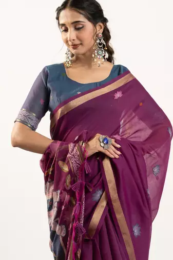 plum lotus and zari weaving muga cotton saree