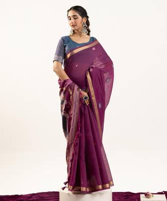 plum lotus and zari weaving muga cotton saree 1