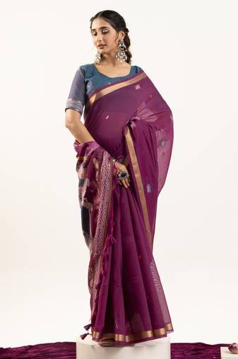 plum lotus and zari weaving muga cotton saree