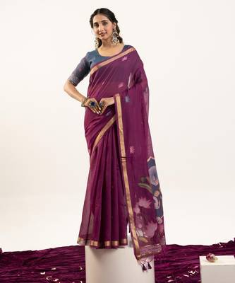 plum lotus and zari weaving muga cotton saree 3