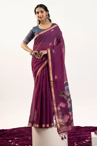 plum lotus and zari weaving muga cotton saree