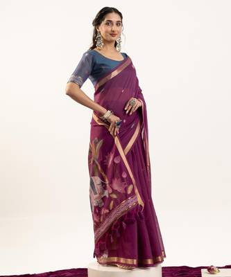 plum lotus and zari weaving muga cotton saree 4
