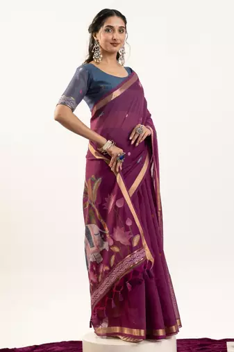 plum lotus and zari weaving muga cotton saree