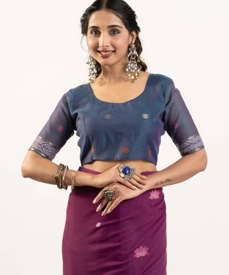plum lotus and zari weaving muga cotton saree 5