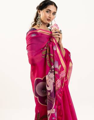 rani pink lotus and zari weaving muga cotton saree 2
