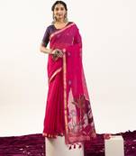 Rani pink color lotus , musa and zari weaving  muga cotton saree