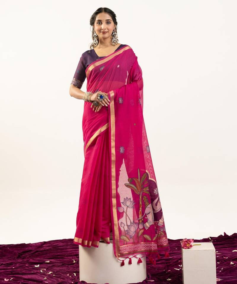 Rani pink color lotus , musa and zari weaving  muga cotton saree