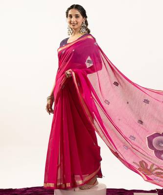 rani pink lotus and zari weaving muga cotton saree 3