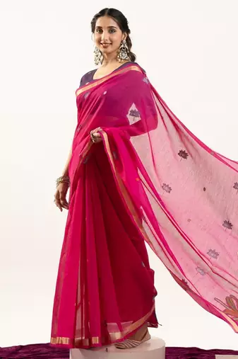 rani pink lotus and zari weaving muga cotton saree