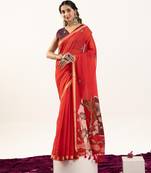Red color lotus , musa and zari weaving  muga cotton saree