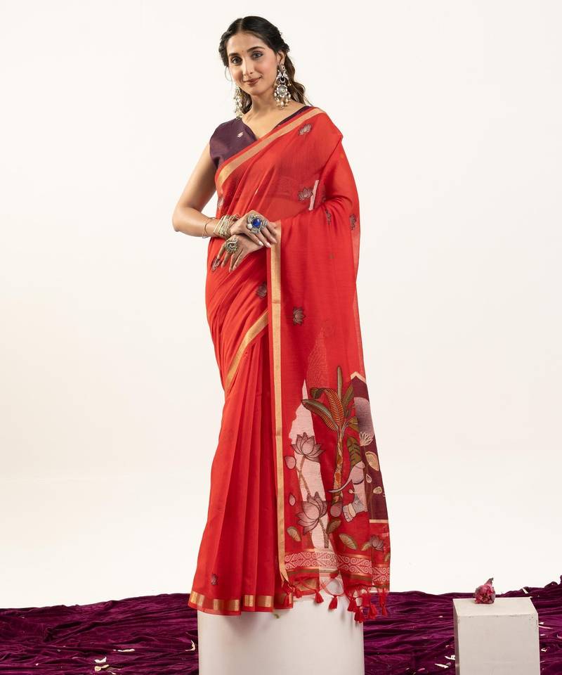 Red color lotus , musa and zari weaving  muga cotton saree