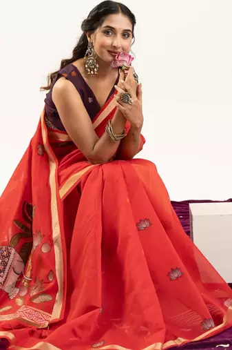 red lotus and zari weaving muga cotton saree