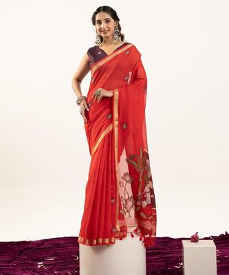 red lotus and zari weaving muga cotton saree 4