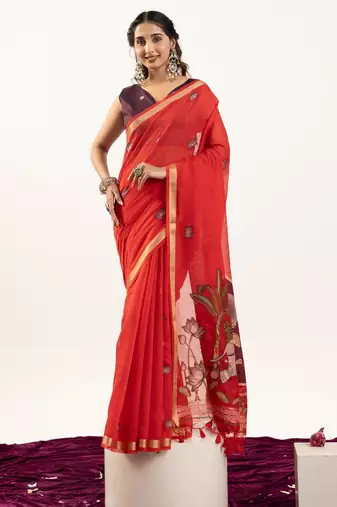 red lotus and zari weaving muga cotton saree