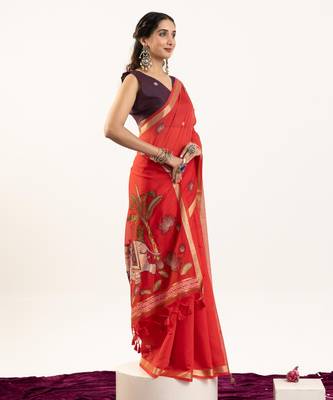 red lotus and zari weaving muga cotton saree 5