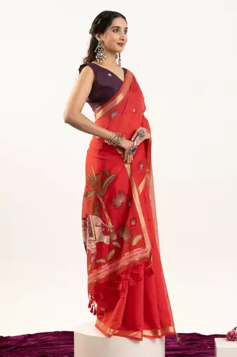 red lotus and zari weaving muga cotton saree