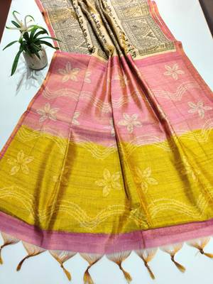 pink and olive warli print tissue tussar silk saree 2