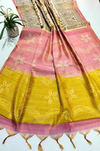 pink and olive warli print tissue tussar silk saree