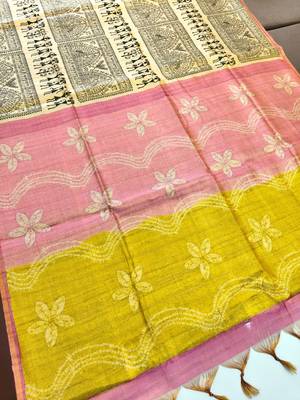 pink and olive warli print tissue tussar silk saree 3