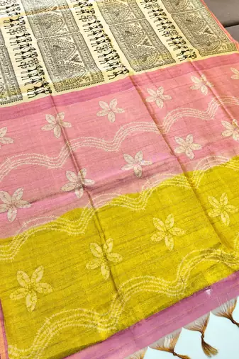 pink and olive warli print tissue tussar silk saree
