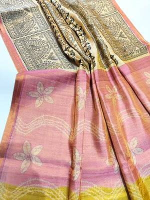 pink and olive warli print tissue tussar silk saree 4