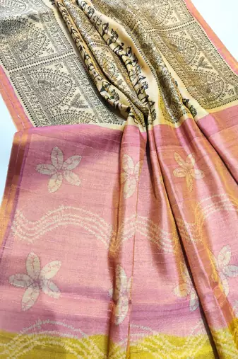 pink and olive warli print tissue tussar silk saree