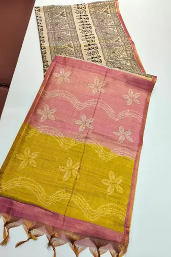Cream color warli print with flowers tissue tussar silk warli saree