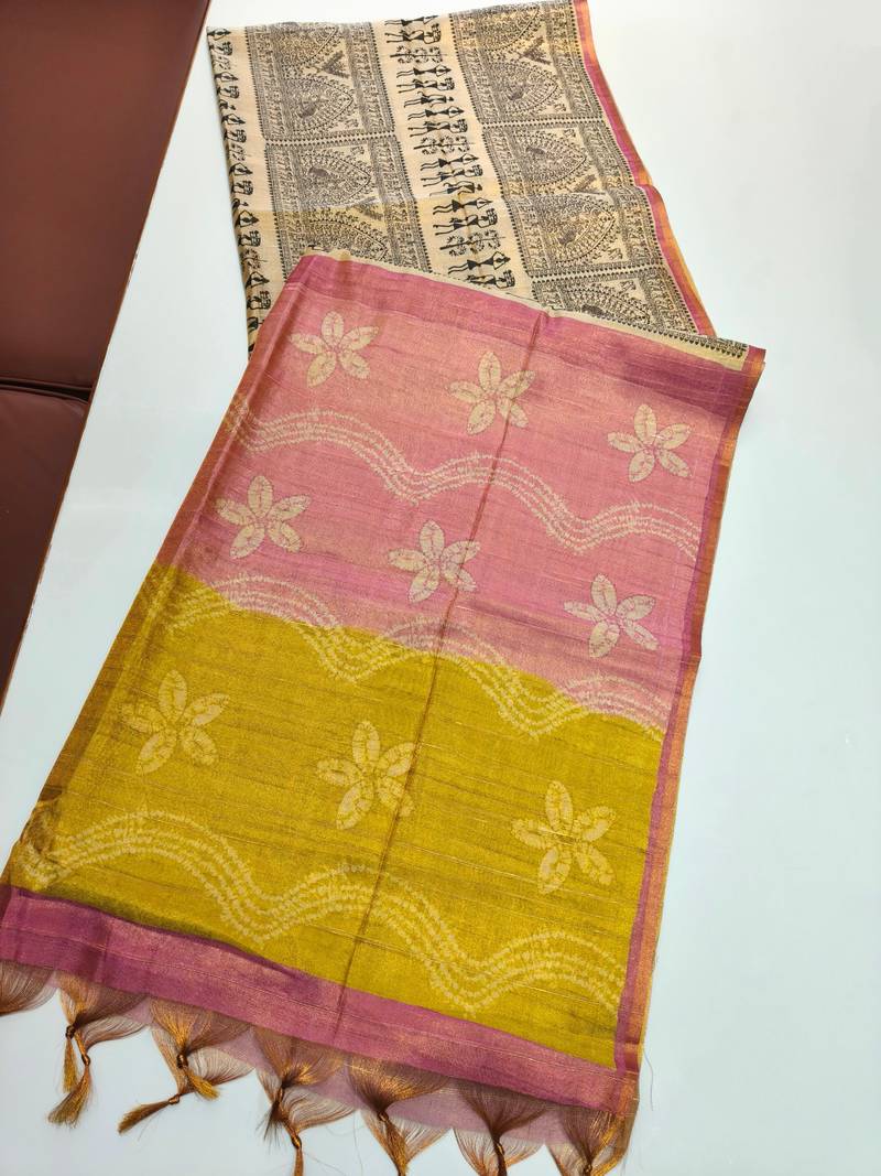 Cream color warli print with flowers tissue tussar silk warli saree