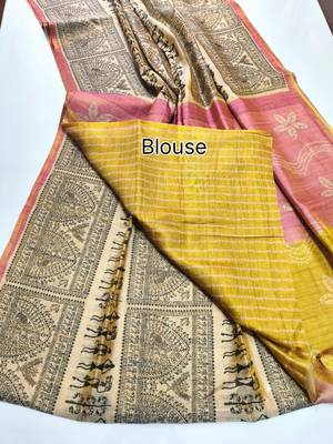 pink and olive warli print tissue tussar silk saree 5
