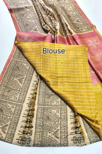 pink and olive warli print tissue tussar silk saree