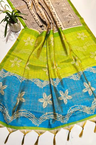 Cream color warli print with flowers tissue tussar silk warli saree