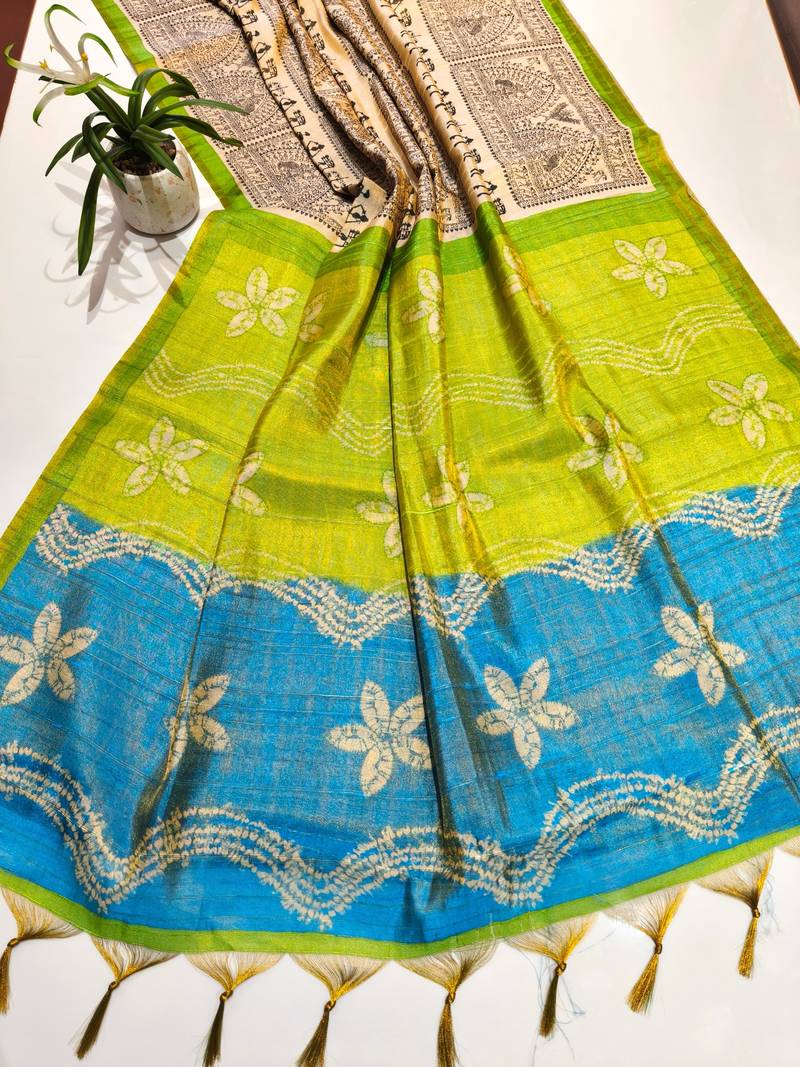Cream color warli print with flowers tissue tussar silk warli saree