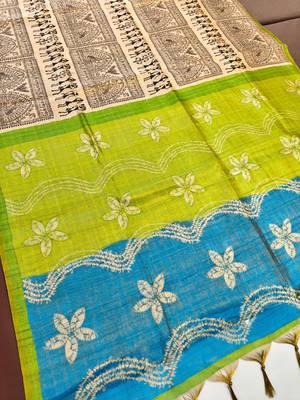 lime green warli print tissue tussar silk saree with floral pallu 2