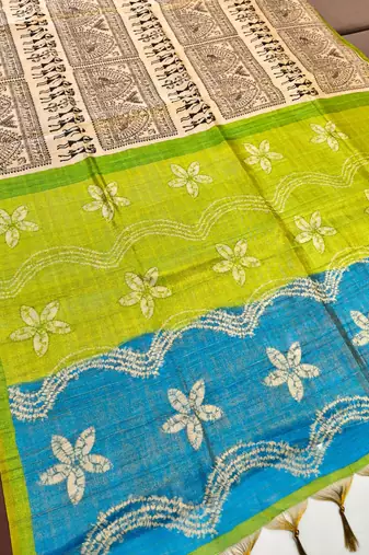 lime green warli print tissue tussar silk saree with floral pallu