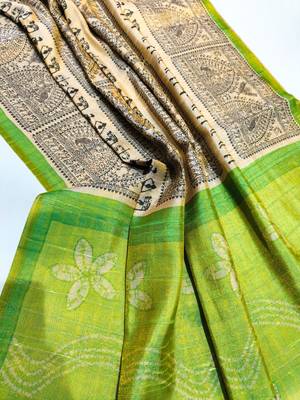 lime green warli print tissue tussar silk saree with floral pallu 3
