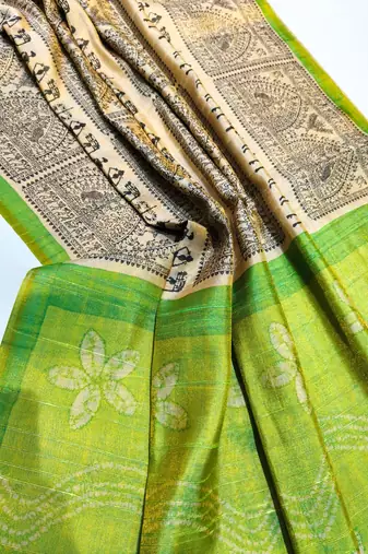 lime green warli print tissue tussar silk saree with floral pallu