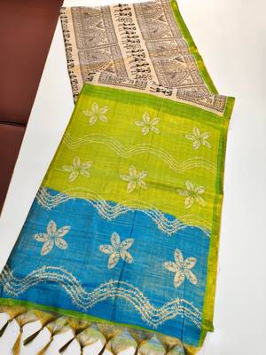 lime green warli print tissue tussar silk saree with floral pallu 4