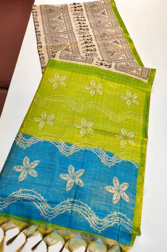 lime green warli print tissue tussar silk saree with floral pallu