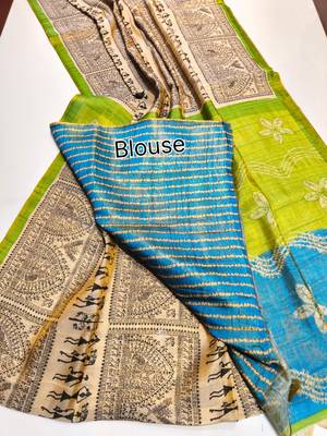 lime green warli print tissue tussar silk saree with floral pallu 5