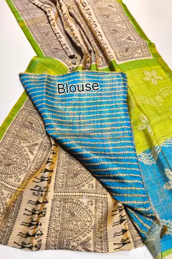 lime green warli print tissue tussar silk saree with floral pallu