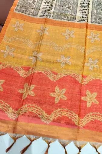cream warli print tissue tussar silk saree with floral pallu
